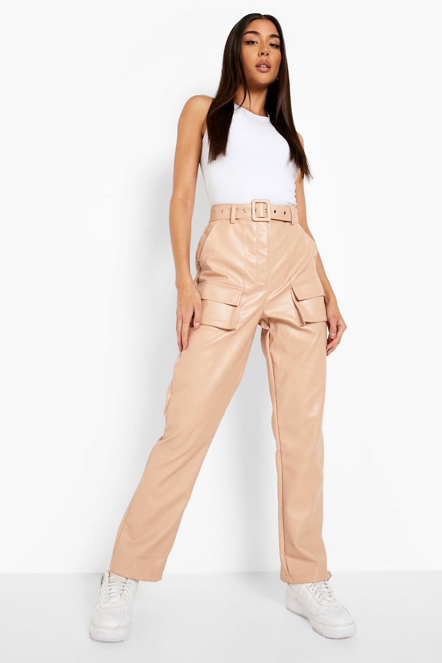 Stone beige Pocket Detail Leather Look Pu Trouser