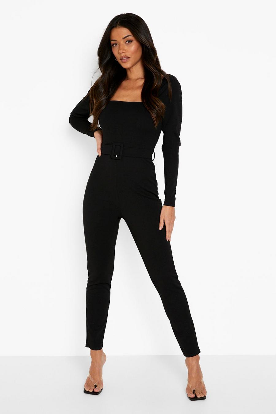 Black Puff Sleeve Tailored Belted Jumpsuit image number 1