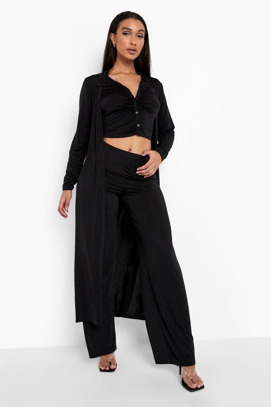 Black Ruched Shirt, Wide Leg Trousers & Duster Set image number 1