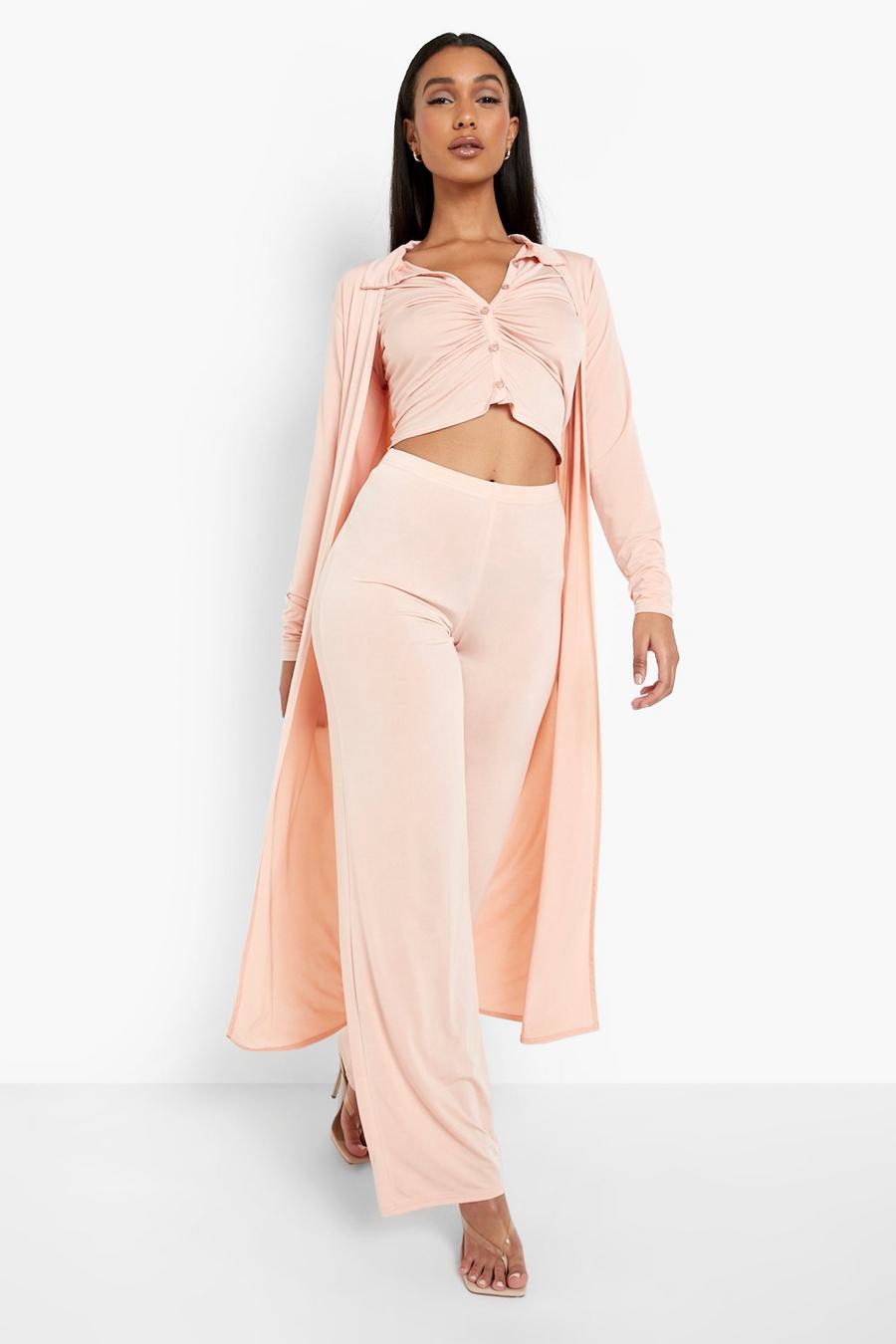 Rose Ruched Shirt, Wide Leg Trousers & Duster Set image number 1