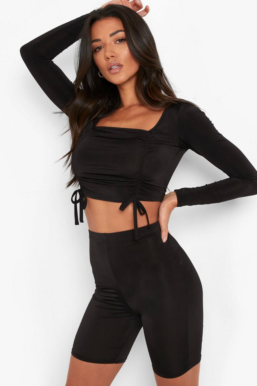 Black Slinky Ruched Crop Top & Cycling Shorts Set image number 1