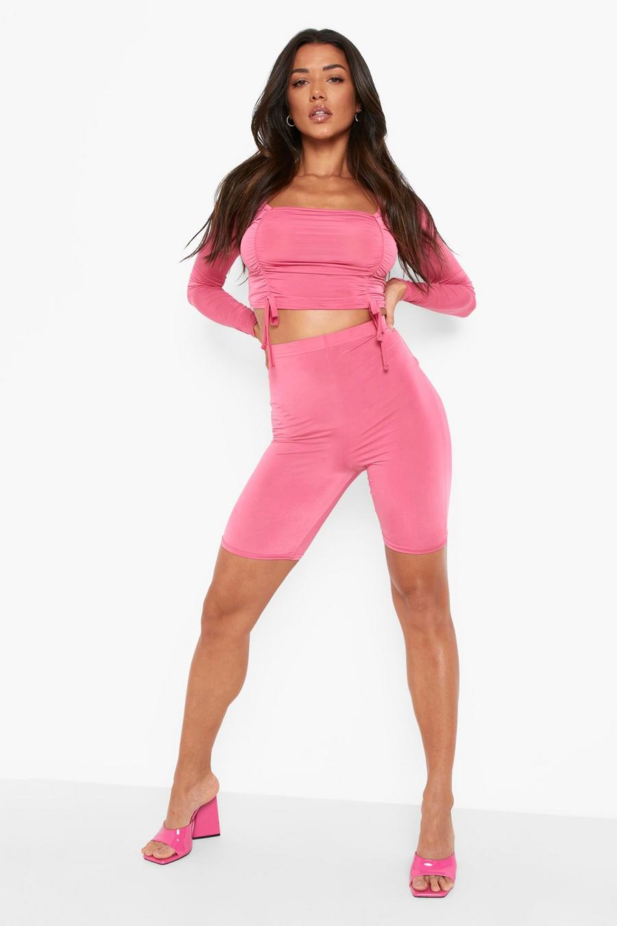 Hot pink Slinky Ruched Crop Top & Cycling Shorts Set image number 1