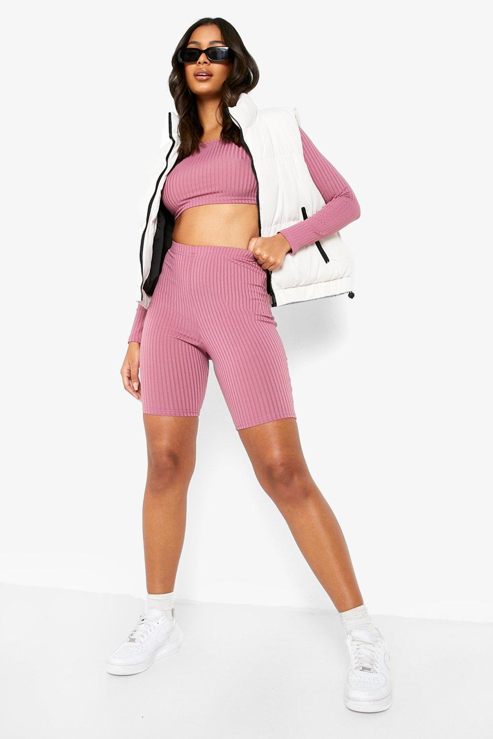 Ribbed Long Sleeve Crop Top Cycling Shorts Set