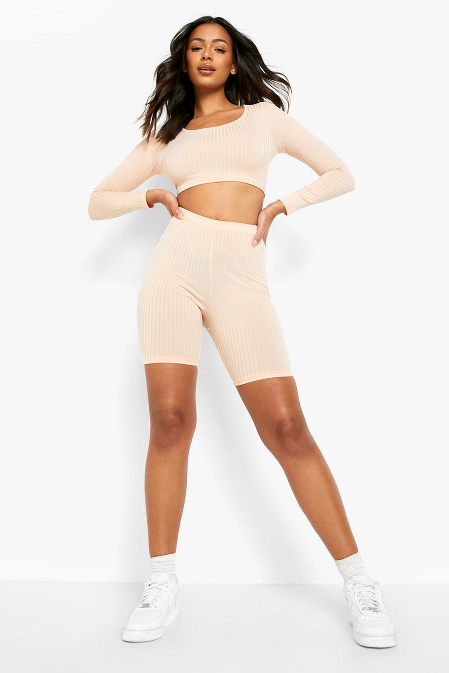 Nude Ribbed Long Sleeve Crop Top & Cycling Shorts Set image number 1