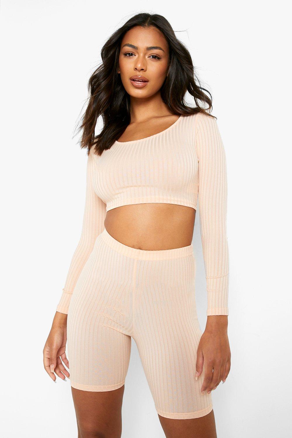 Ribbed Long Sleeve Crop & Biker Shorts