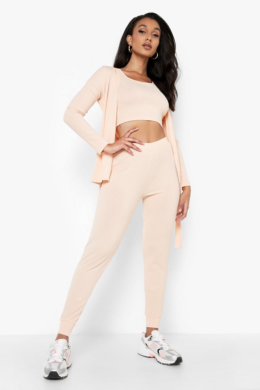Nude Ribbed Belted Duster, Crop Top & Track Pants Set image number 1