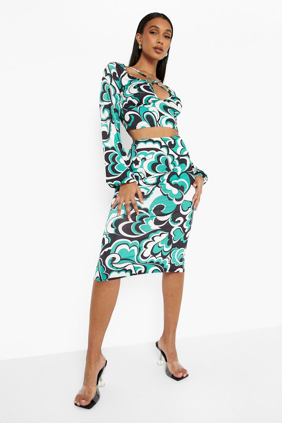 Bright green Abstract Balloon Sleeve Crop & Midi Skirt image number 1