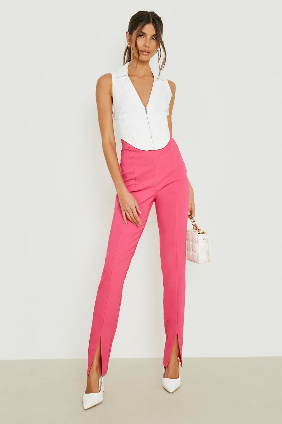 Hot pink rosa High Waisted Woven Split Front Skinny Trouser