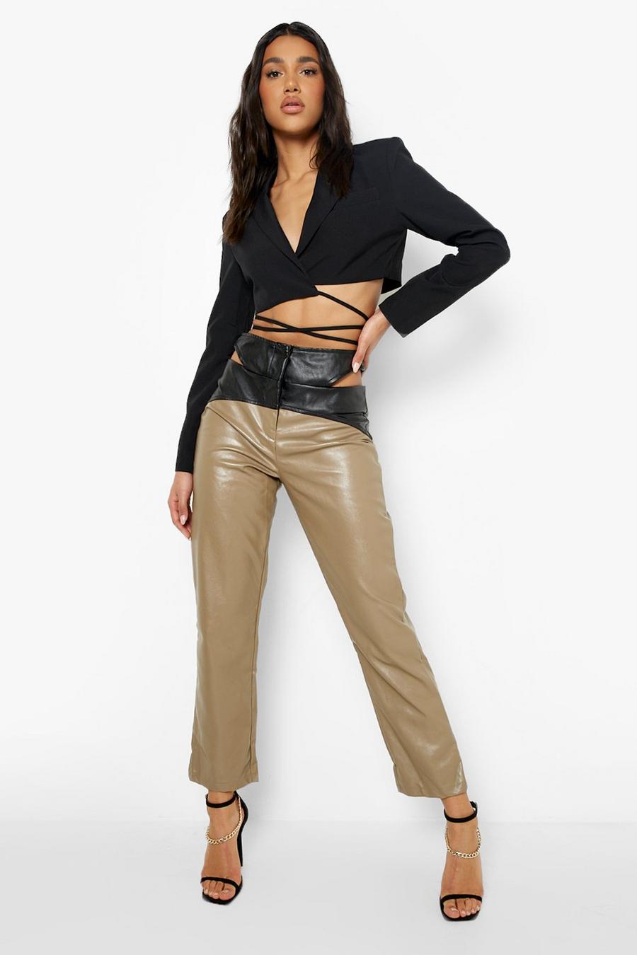 Stone Colour Block Cut Out Leather Look Pu Trouser image number 1
