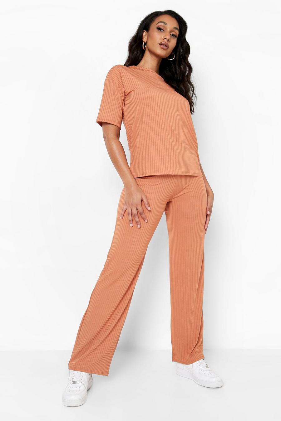 Caramel Ribbed Oversized T-shirt & Wide Leg Trousers image number 1