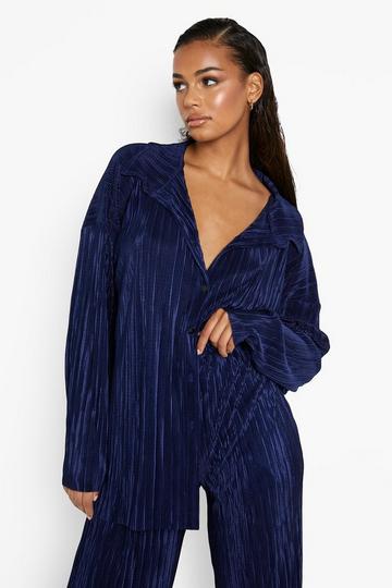 Plisse Oversized Relaxed Fit Shirt navy