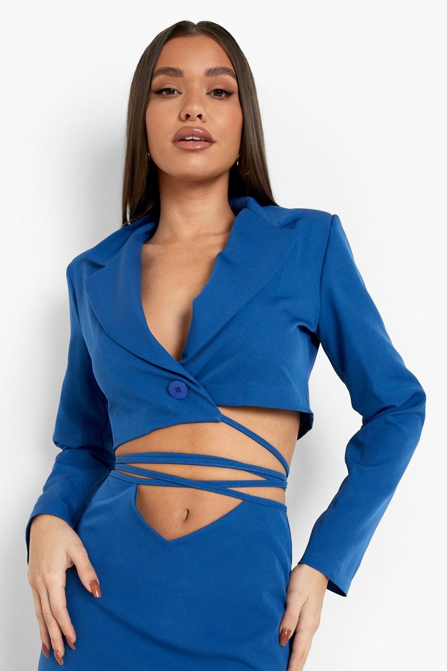 Royal Tie Waist Cropped Tailored Blazer image number 1