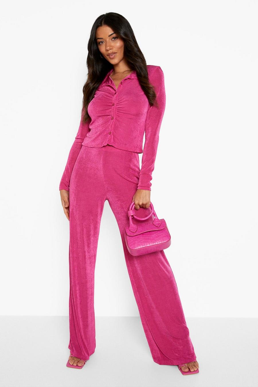 Magenta Textured Ruched Shirt And Wide Leg Trousers image number 1