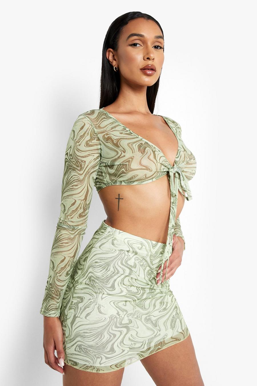 Pale green Marble Mesh Tie Crop & Mini Skirt image number 1