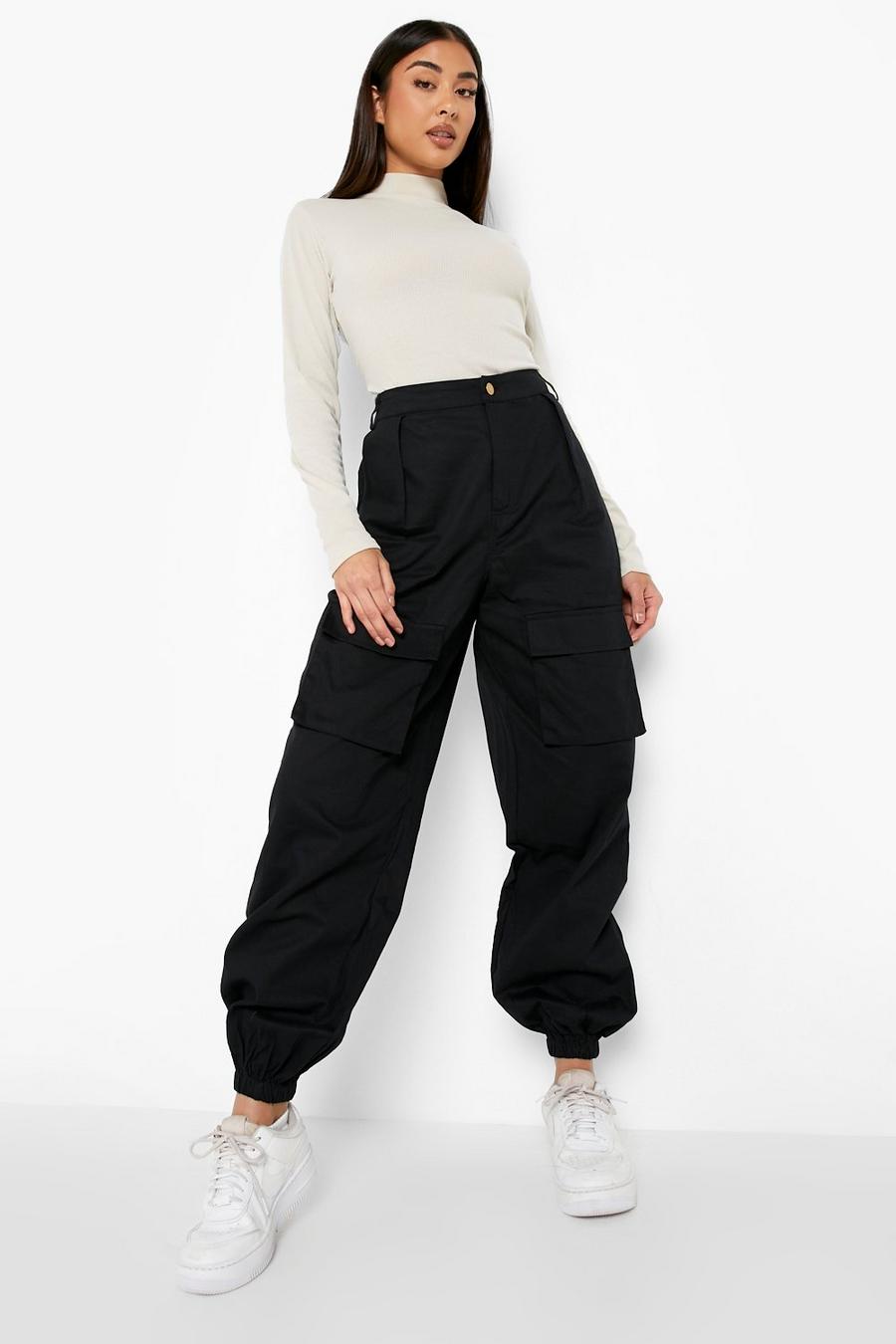 Black High Waisted Cargo Cuffed Track Pants image number 1