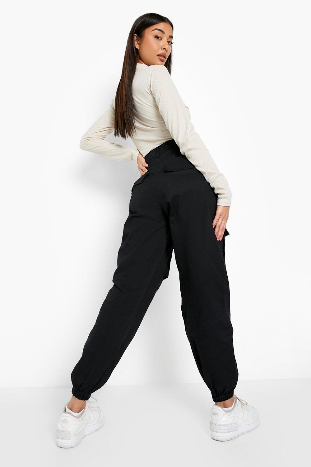 Womens Black Cuff Leg Cargo Joggers