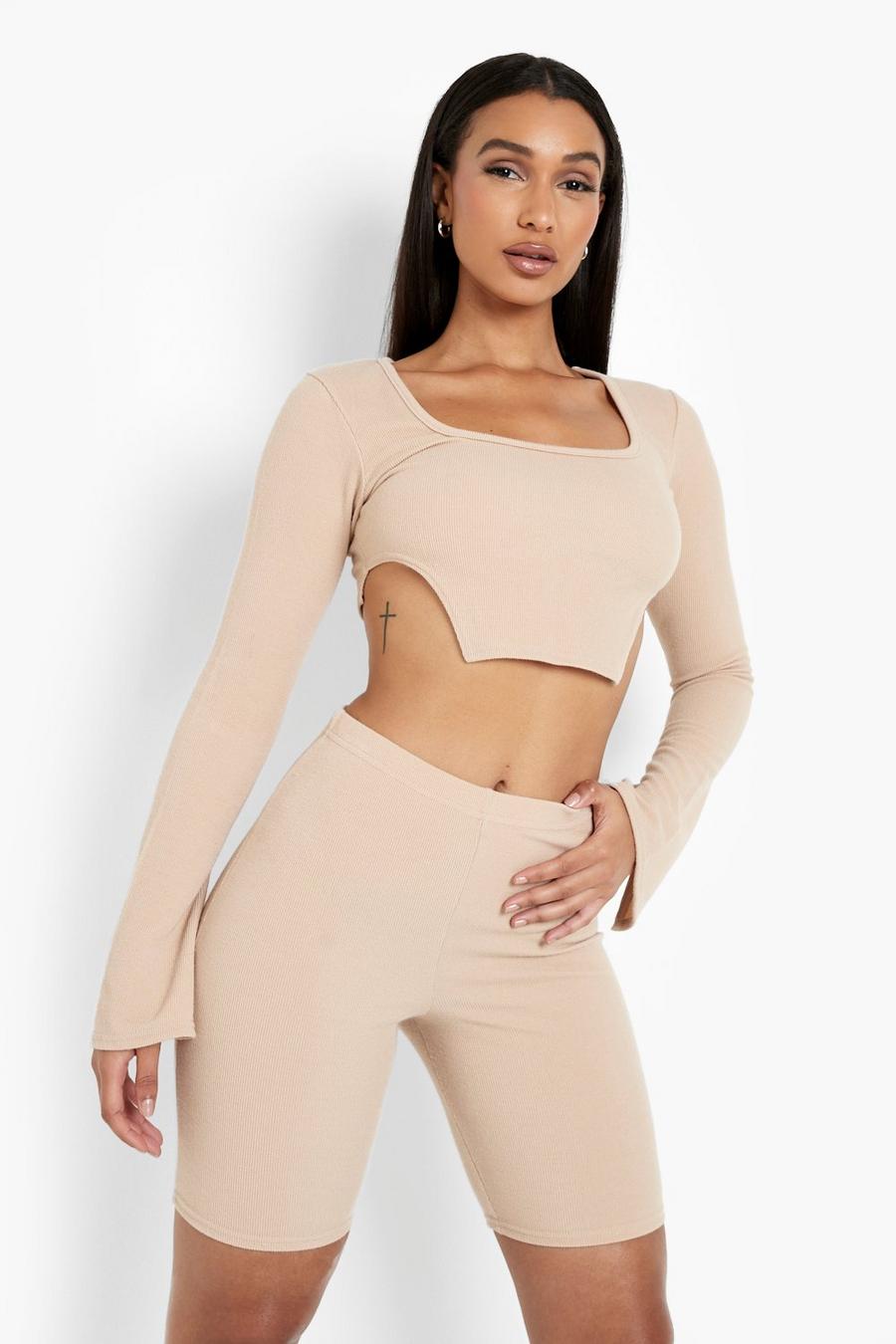 Sand Rib Flared Sleeve Crop Top & Cycling Shorts Set image number 1