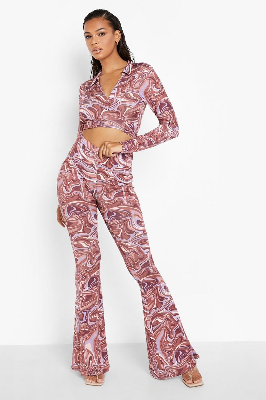 Chocolate Marble Slinky Tie Crop & Flared Trousers image number 1