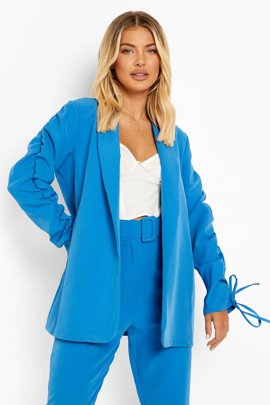 Azure Ruched Sleeve Longline Tailored Blazer image number 1