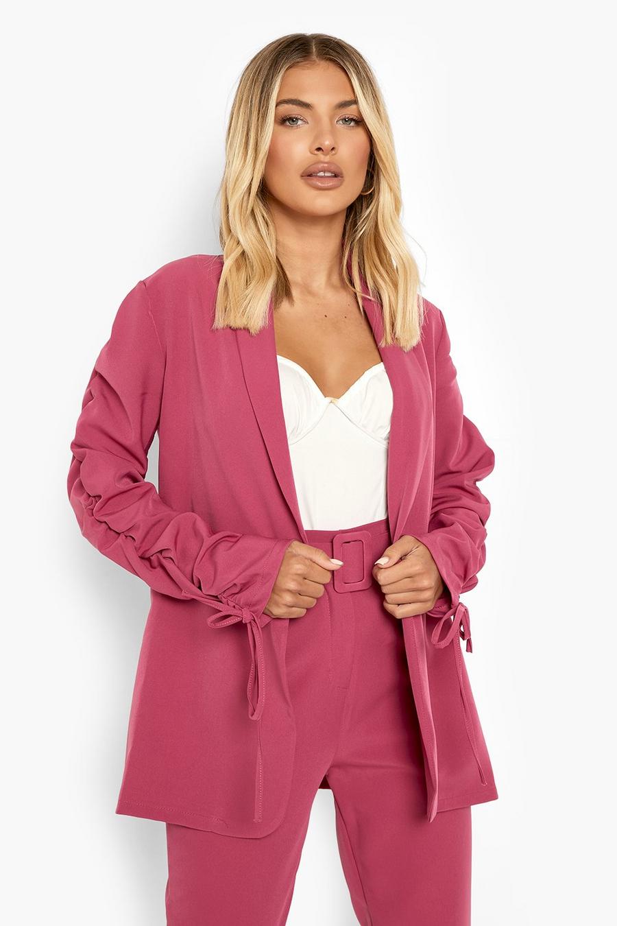 Magenta pink Ruched Sleeve Longline Tailored Blazer image number 1