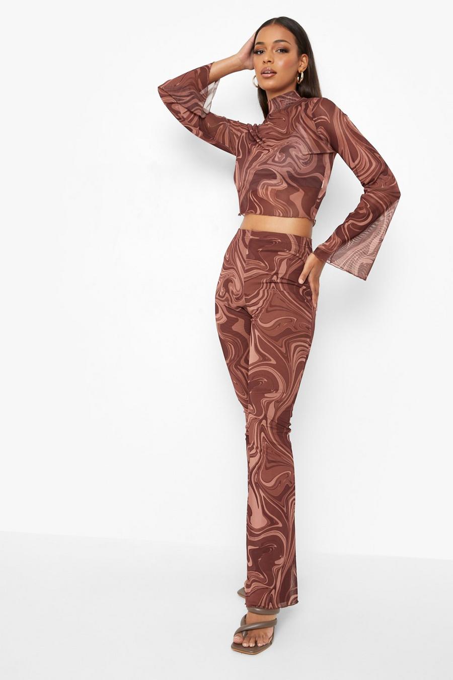 Chocolate Marble Mesh High Neck Crop & Flared Pants image number 1