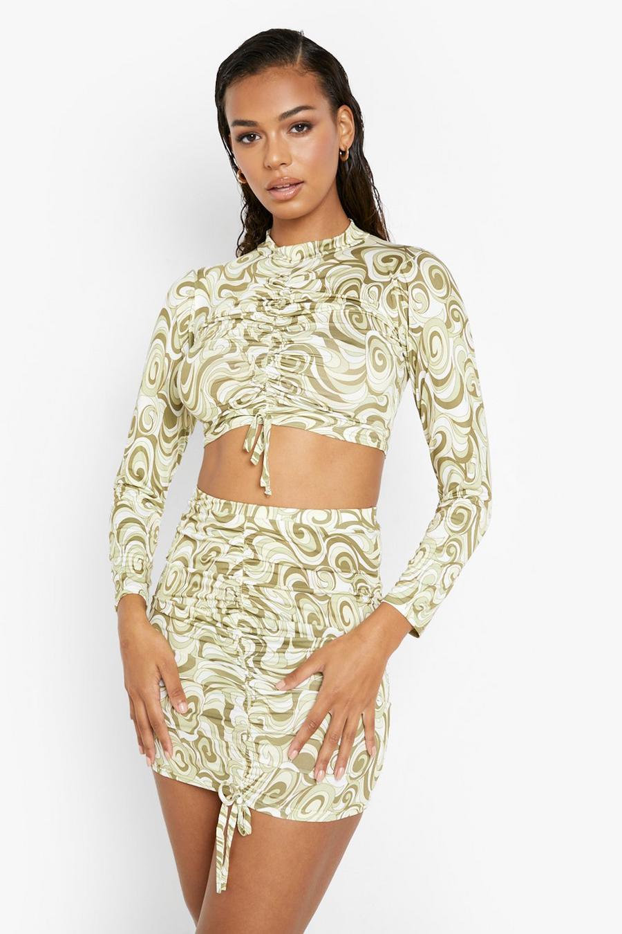 Olive Abstract Long Sleeve Ruched Crop & Mini Skirt image number 1