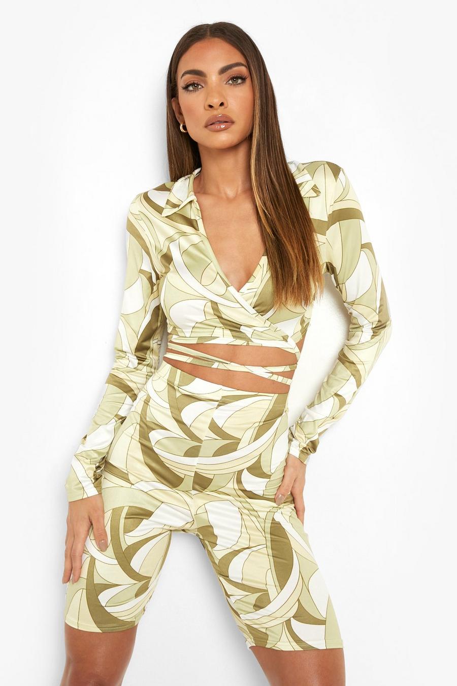 Olive Abstract Slinky Wrap Crop Top & Cycling Shorts Set image number 1