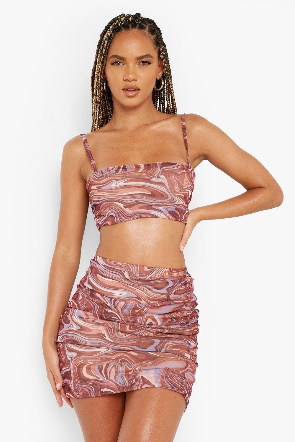 Marble Print Mesh Crop Top Purple Festival Outfit –