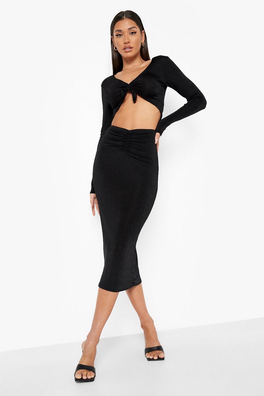 Black Textured Ruched Crop And Midaxi Skirt image number 1