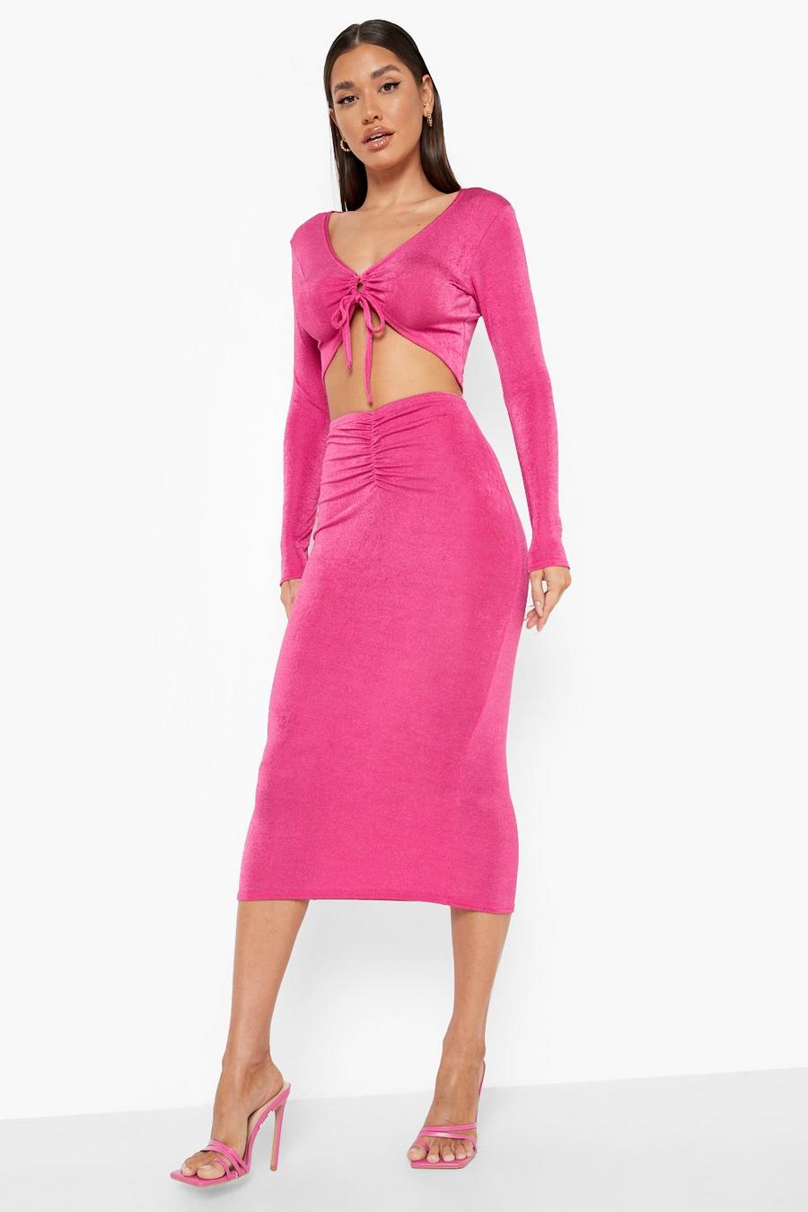 Magenta Textured Ruched Crop And Midaxi Skirt image number 1