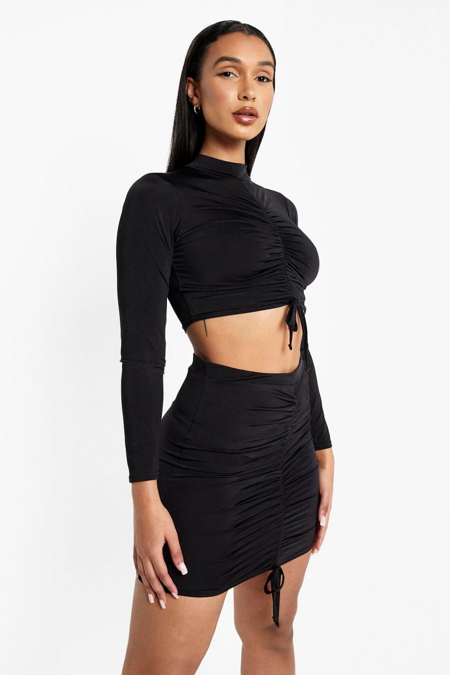 Black Long Sleeve Ruched Crop & Mini Skirt image number 1