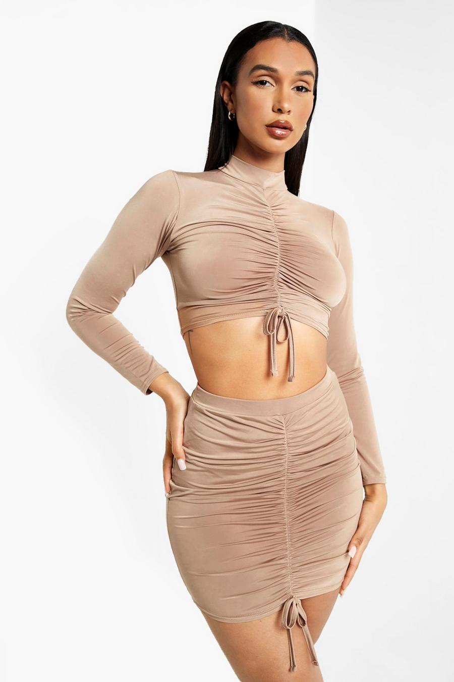 Caramel Long Sleeve Ruched Crop & Mini Skirt image number 1