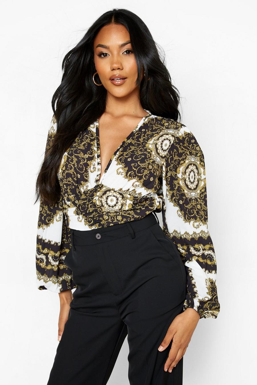 Black Baroque Print Ruched Balloon Sleeve Bodysuit image number 1