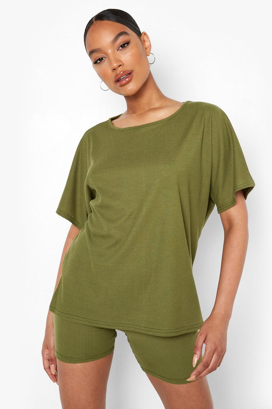 Khaki Oversized T-Shirt & Cycling Shorts Set image number 1