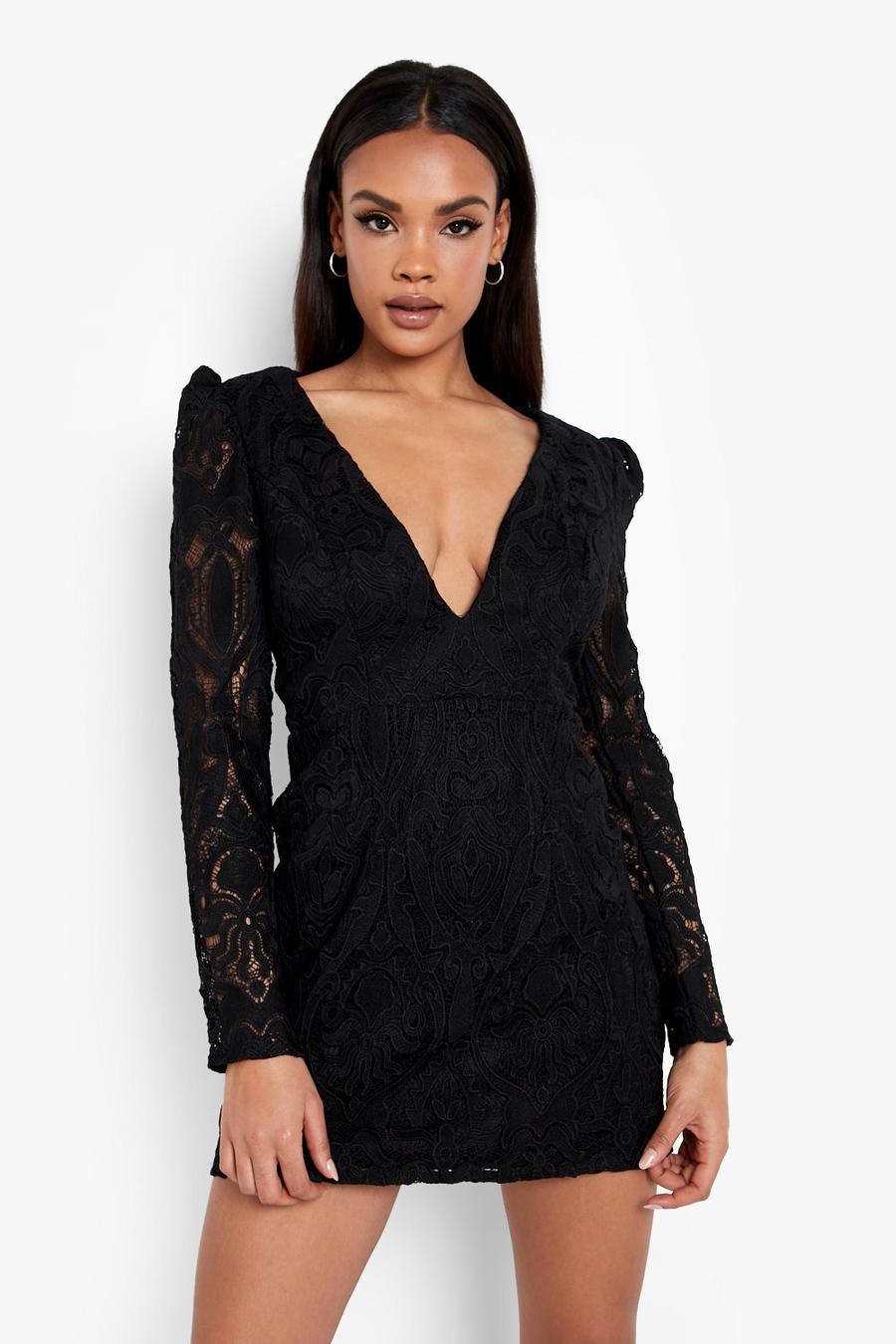 Black Lace Plunge Puff Sleeve Mini Dress image number 1