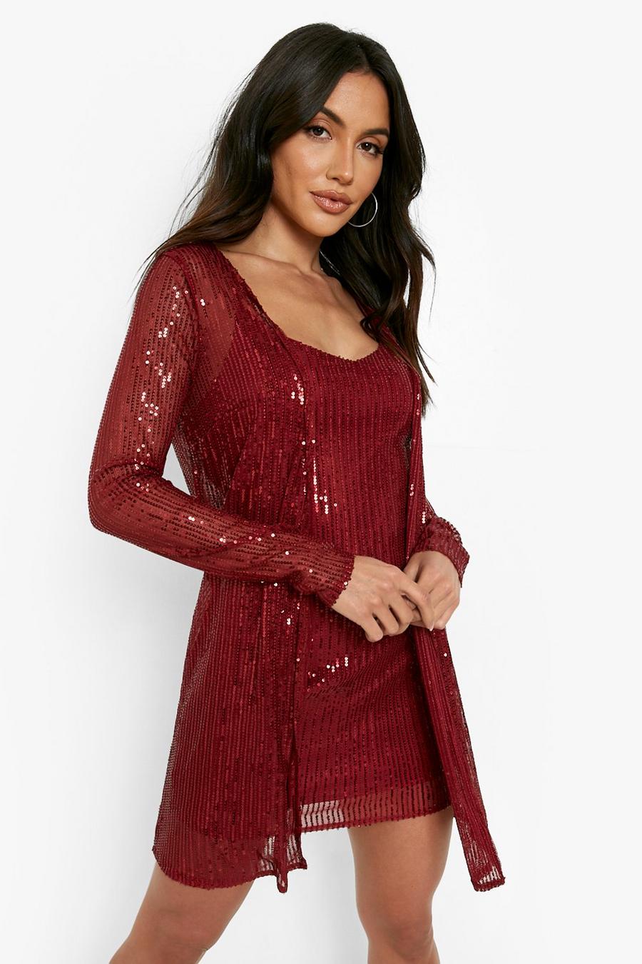 Berry Sequin Strappy Mini Dress And Duster Set image number 1
