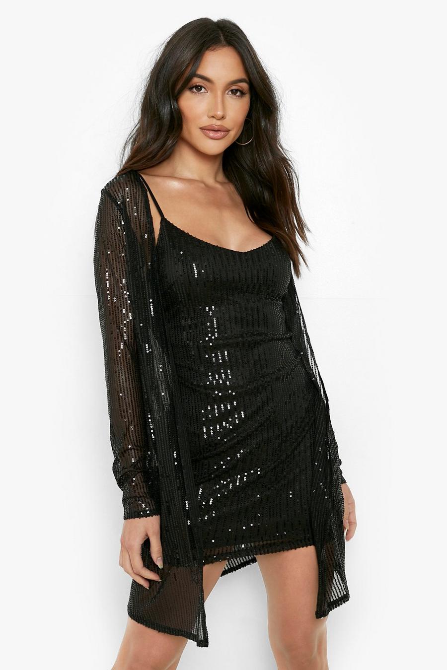 Black Sequin Strappy Mini Dress And Duster Set image number 1