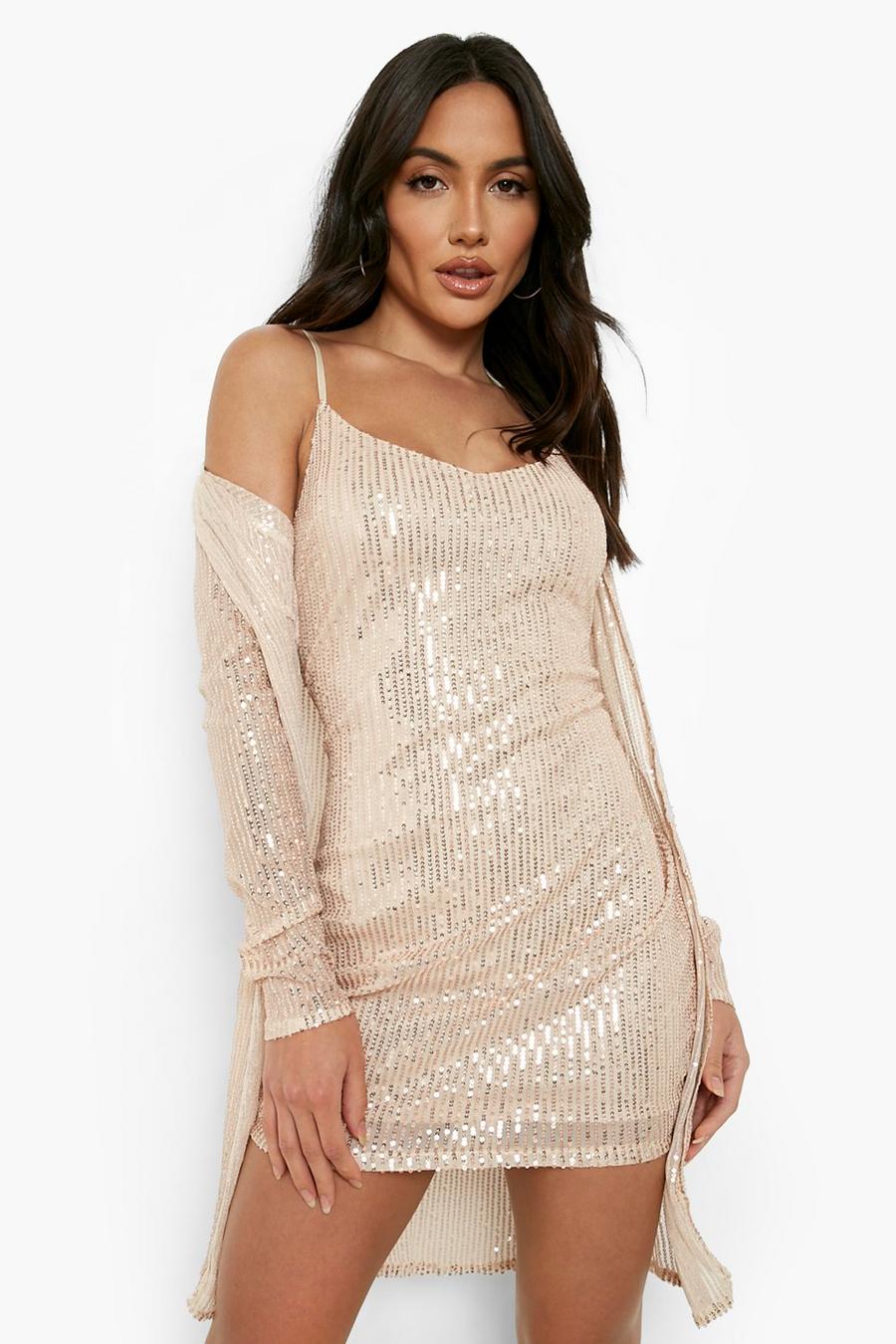 Rose gold metallic Sequin Strappy Mini Dress And Duster Set