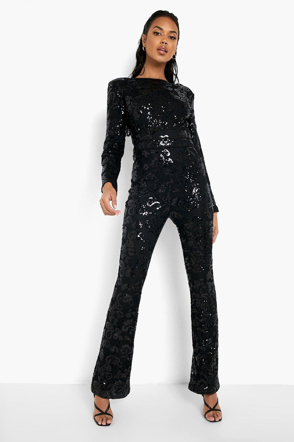 Women s Damask Sequin Shoulder Pad Jumpsuit Boohoo UK