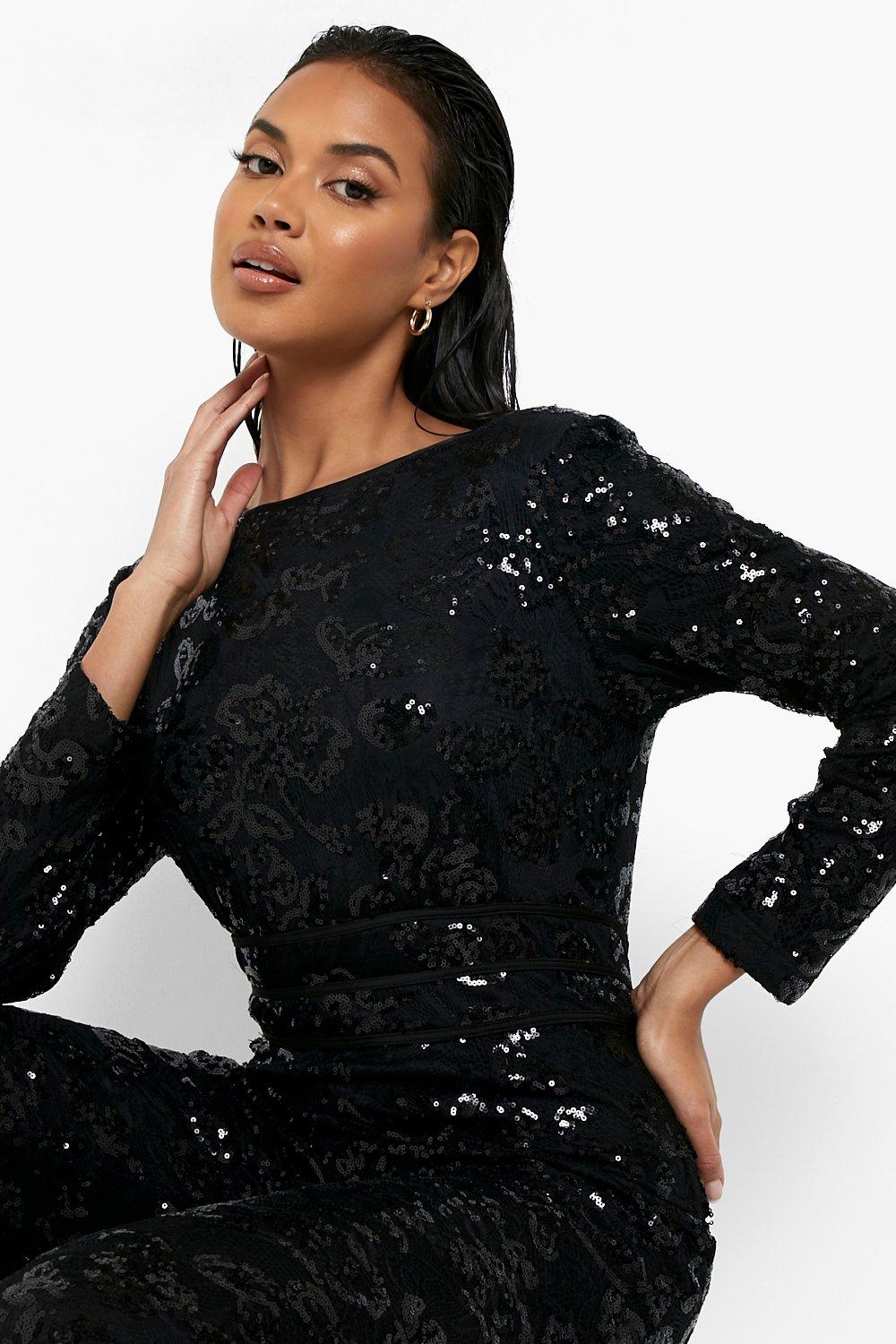 Damask Sequin Shoulder Pad Jumpsuit