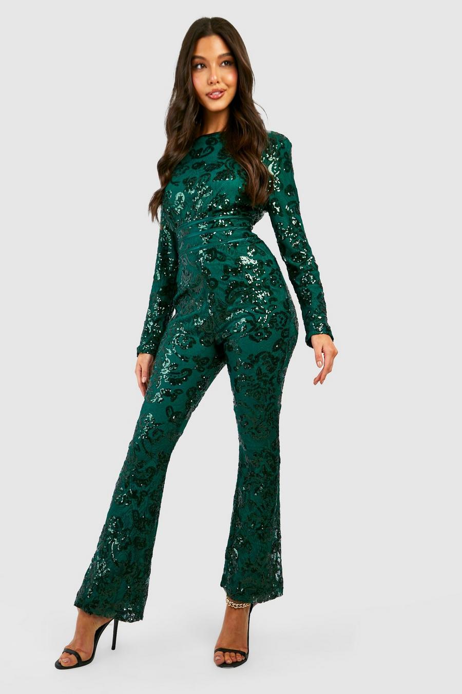 Emerald Damast Glitter Jumpsuit Met Pailletten En Schouderpads image number 1