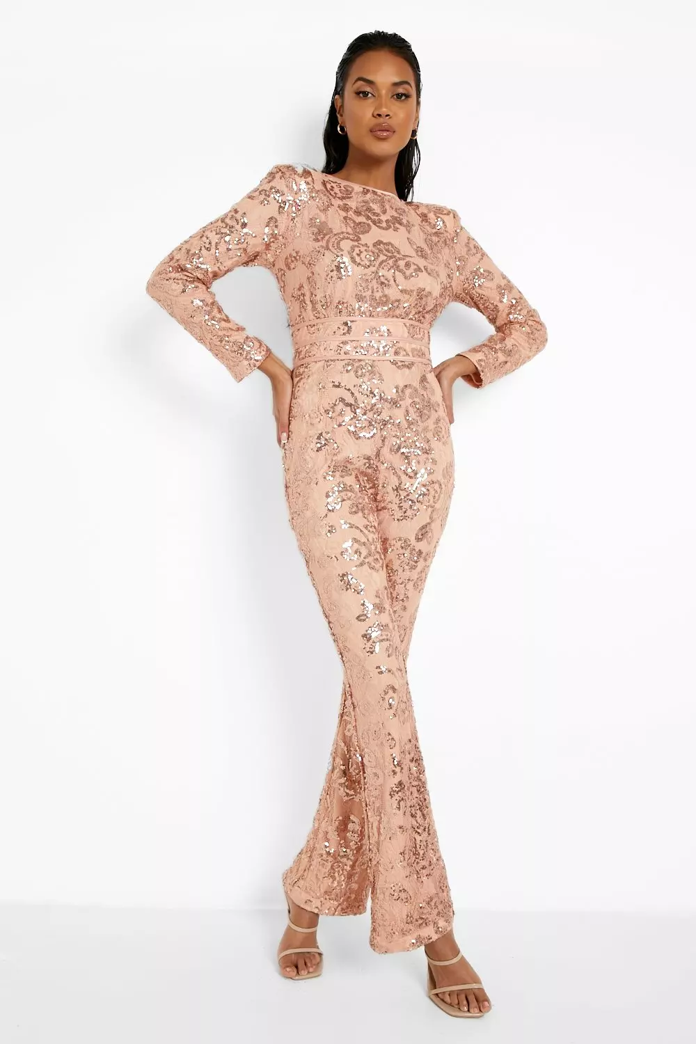 Rose gold Damask Sequin Shoulder Pad Jumpsuit alternative image