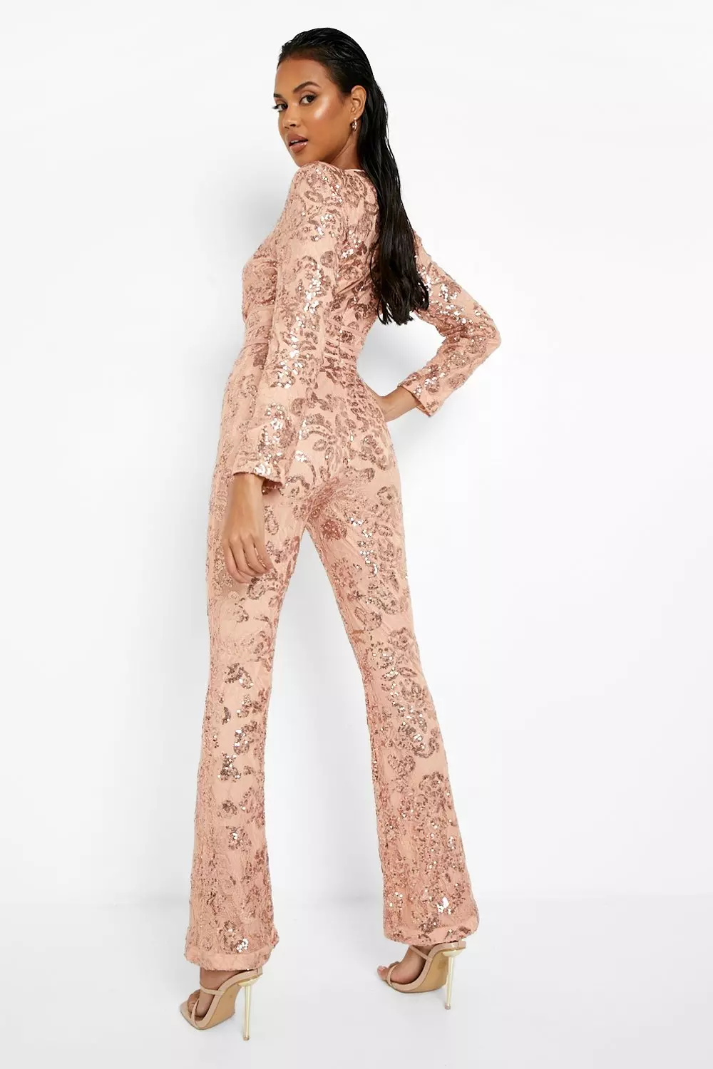 Rose gold Damask Sequin Shoulder Pad Jumpsuit alternative image