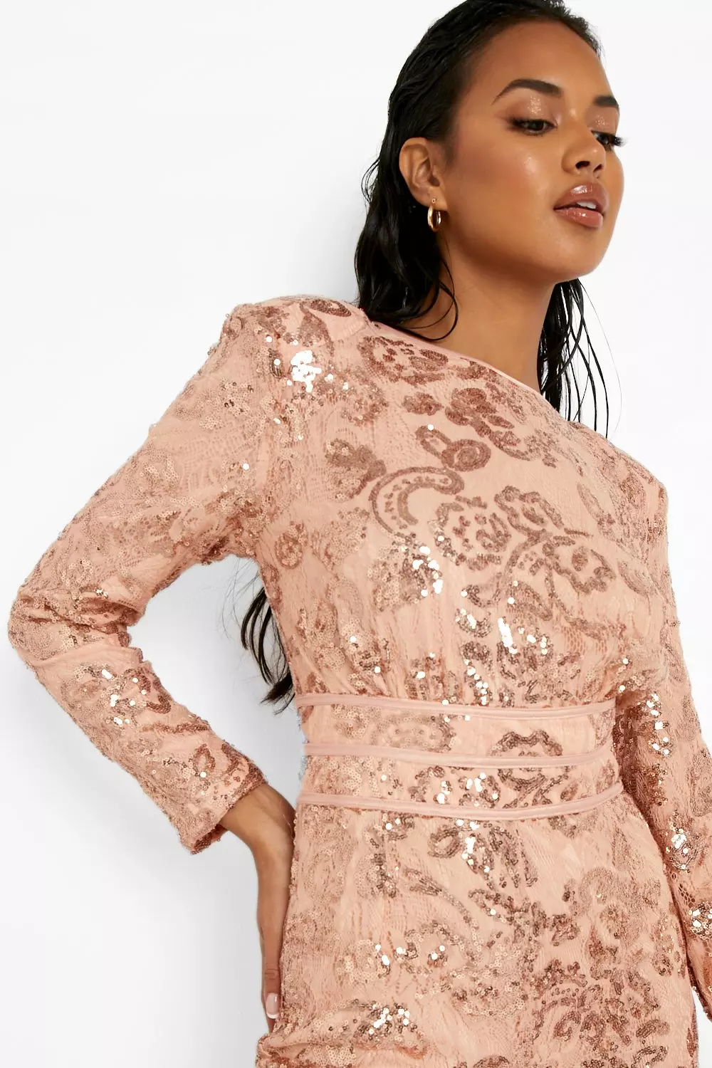Rose gold Damask Sequin Shoulder Pad Jumpsuit alternative image