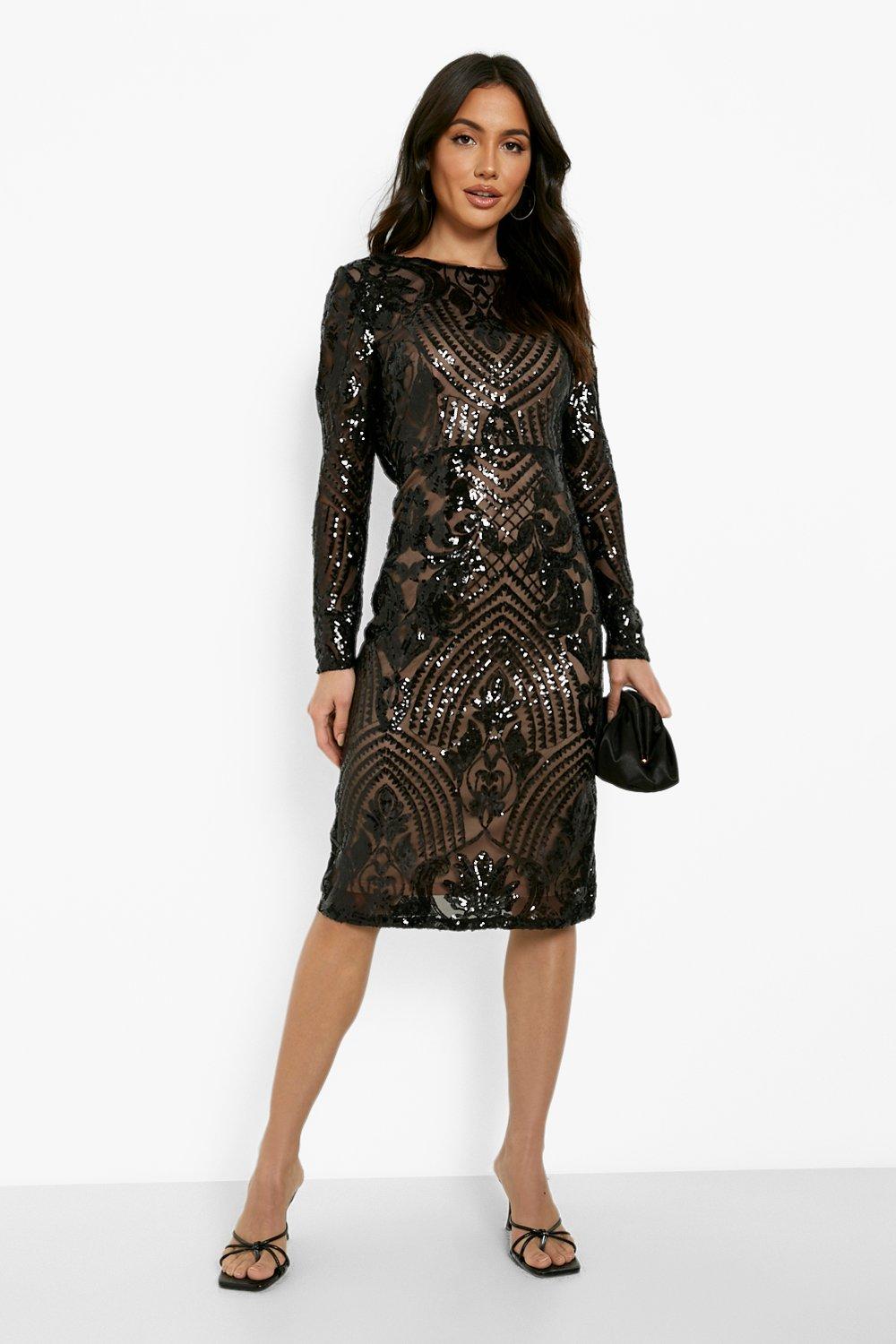 Damask Sequin Cowl Back Midi Party Dress | boohoo USA