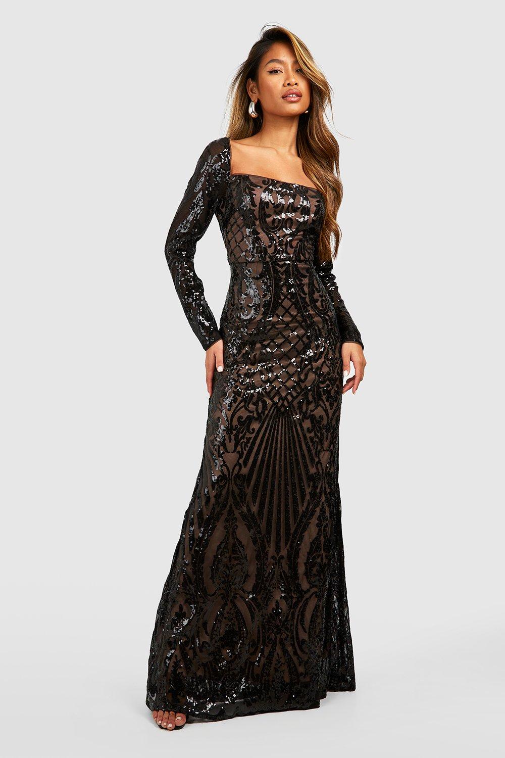 Damask Sequin Fishtail Maxi Party Dress