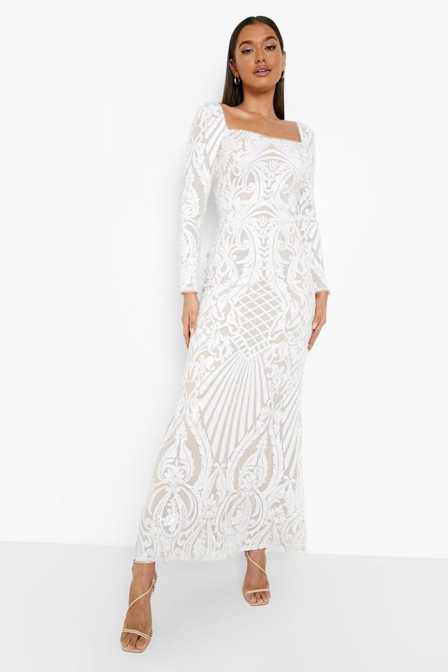 White vit Damask Sequin Fishtail Maxi Party Dress