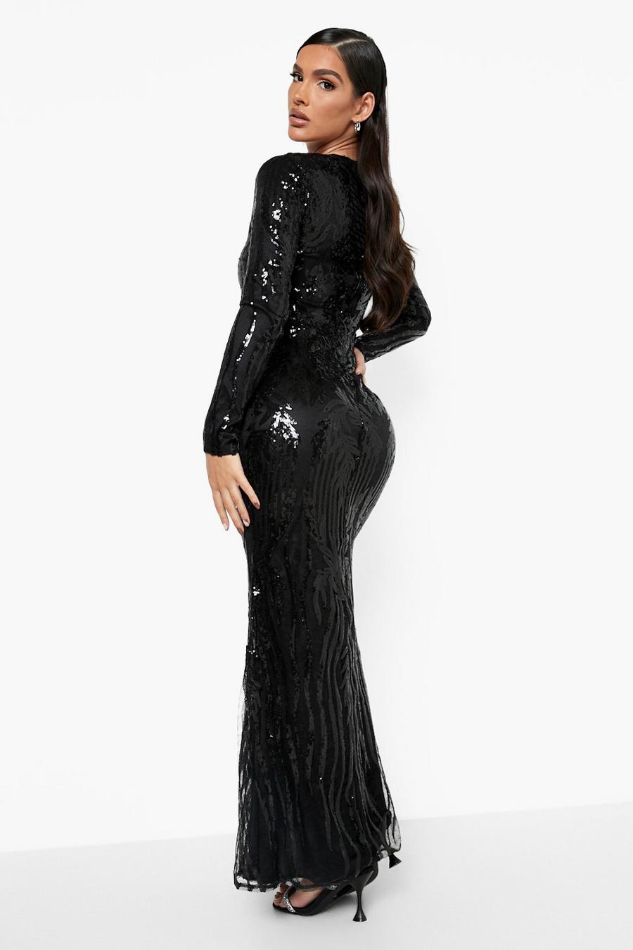 Black nero Damask Sequin Plunge Maxi Party Dress