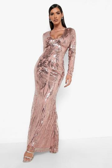 Rose Pink Damask Sequin Plunge Maxi Party Dress
