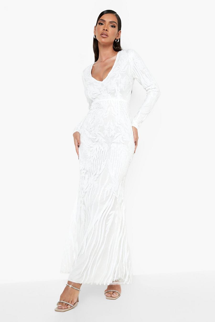 White Damask Sequin Plunge Maxi Party Dress image number 1